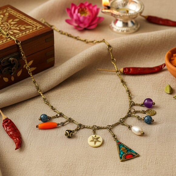 🆕️ Indian Artisanal Boho Chic Necklace Antique Gold Charms Colorful Accents - Picture 3 of 9